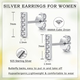 Cangall Silver Stud Earrings for Women Girls, 925 Sterling Silver Bar Stud Earrings with Cubic Zircon, Minimalist Small Sleeper Cartilage Earrings, Hypoallergenic Dainty CZ Flat Bar Studs Jewelry