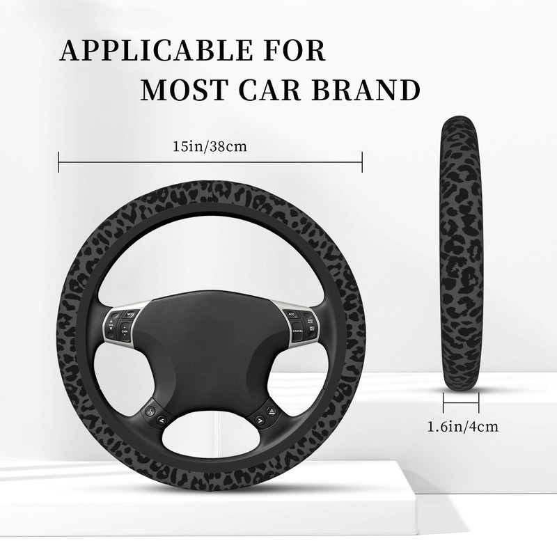Black Leopard Cheetah Steering Wheel Cover for Women, Universal 15