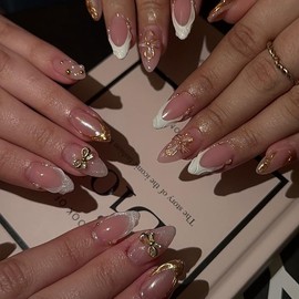 Press on Nails Almond Fake Nails Gold Flowers Acrylic Nails French Tip False Nails Press ons Medium Pink Full Cover Glue Stick on Nail for Women Manicure 24Pcs