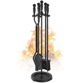 Gtongoko Fireplace Tools Set 5 Pcs 30.5 Inch Black Wrought Iron Large Fire Place Tool Set Indoor/Outdoor Include Poker, Shovel, Brush, Tong and Round Stand, Fireplace Kit Accessories Set