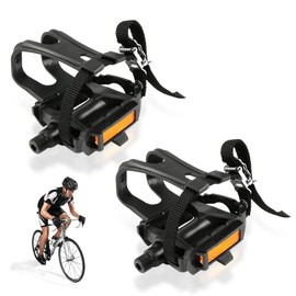 Bike Pedals with Clips and Straps, 1 Pair Plastic Bicycle Pedals, Toe Cages for Peloton Bike, Bicycle Pedal Toe Clip Mountain Bike Pedals for Exercise Bike, Spin Bike and Outdoor Bicycles