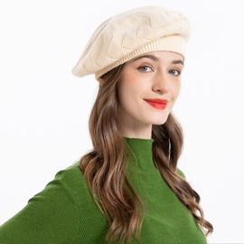 ZLYC French Beret hat, Reversible Solid Color Cashmere Knit Warm Beret Cap for Womens Girls (Solid Cream White)
