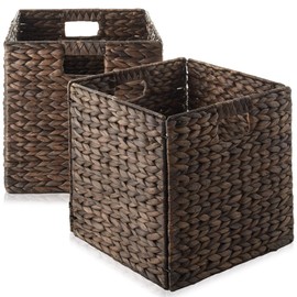 Casafield 13" x 13" Water Hyacinth Storage Baskets, Espresso - Set of 2 Collapsible Cube Organizers, Woven Bins for Bathroom, Bedroom, Laundry, Pantry, Shelves
