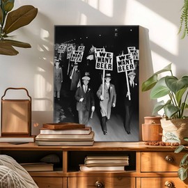 Canvas Print Wall Art 'We Want Beer' Protest March Picture Wall Decor, Historic Prohibition Era Black and White Photography Artwork, Vintage Retro Home Decor for Living Room, Office, Framed 24x30inch