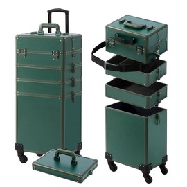 Somduy Makeup Train Case, Rolling Makeup Case with Lid, 5 in 1 Cosmetology Case on Wheels, Christmas Gift, Large Makeup Case Organizers, Profesional Cosmetic Case for Salon Barber, Green