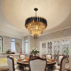 Aixialin 7-Light Modern Crystal Chandelier 20" Dining Room Light Fixtures 4 Tiers Flush Mount Smoke Grey and Gold Chandelier Round Chandeliers for Dining Room Living Room Kitchen Entryway Foyer