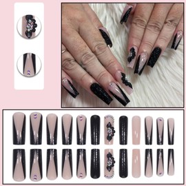 YoYoee Long Full Cover Nails Tips Luxury Black False Nails Square Press on Nails French Fake Nails for Women and Girls 24PCS