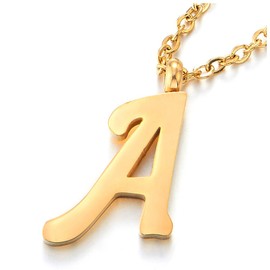Name, initial alphabet, letters A-Z, pendant stainless steel necklace for men and women, colour gold, with 50 cm steel rope chain, Stainless Steel