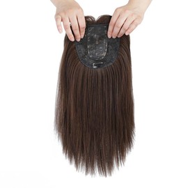 Silk Straight Hair Topper Thick Bangs 16inch Clip in One Piece Invisible Wiglet Head Top Replacement for Women Hair Loss Light Brown