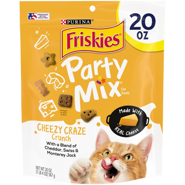 Purina Friskies Made in USA Facilities Cat Treats, Party Mix Cheezy Craze Crunch - 20 oz. Pouch