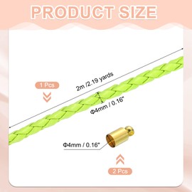 QUARKZMAN 4 mm 2.19 Yards Braided Leather Cord, Round Braided Genuine Leather Cord Rope Folded for Jewellery Making, Binding, Necklaces, Lemon Yellow