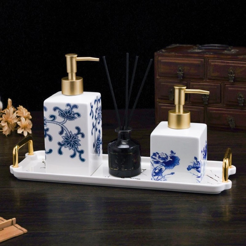 JHNIF Blue and White Porcelain Lotion Bottle with Gold Pump,