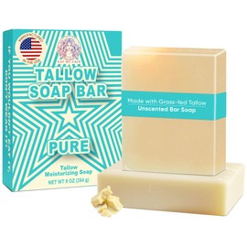 Beef Tallow Soap Bar Grass Fed – Two Organic Tallow Body Soap for Face & Sensitive Skin – Unscented Natural Bar Soap for Men & Women, Natural Moisturizing & Nourishing Cleanser for All Skin Types