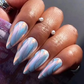 Blue Chrome Press on Nails Medium Almond Cat Eye Fake Nails Full Cover Summer Acrylic Nails Flash False Nails with Designs Glossy Glue on Nails Handmade Artificial Nails for Women Girls 24Pcs