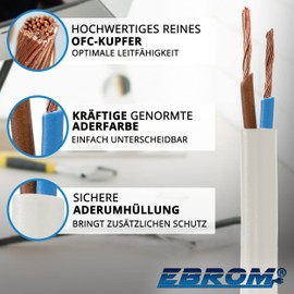 EBROM Plastic hose line, round, LED cable, power cable, device cable H03VV-F 2 x 0.75 mm², colour: white, many lengths in 5 m increments up to 250 metres, 2 x 0.75 mm², your cable length: 15 m