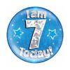 Age 7 Birthday Badge Blue And Silver Stars Holographic Recyclable 7th Birthday Party Badge OTB