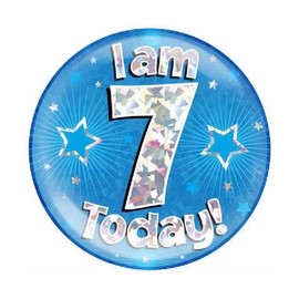 Age 7 Birthday Badge Blue And Silver Stars Holographic Recyclable 7th Birthday Party Badge OTB
