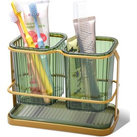 KONE Green Toothbrush Holders for Bathrooms, 2 Cups Toothbrush Holders Wall Mounted, Dry & Wet Separation, Bathroom Organizers and Storage, Bathroom Toothbrush Holder Set for Family Kids