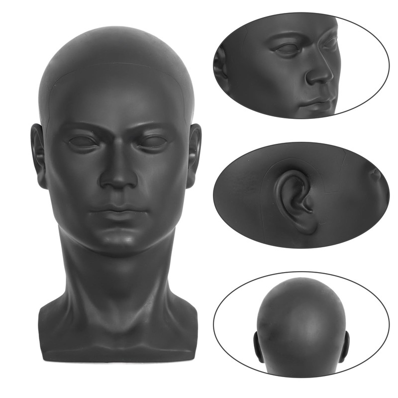 Black PVC Male Mannequin Head Professional Training Head Bald Manikin