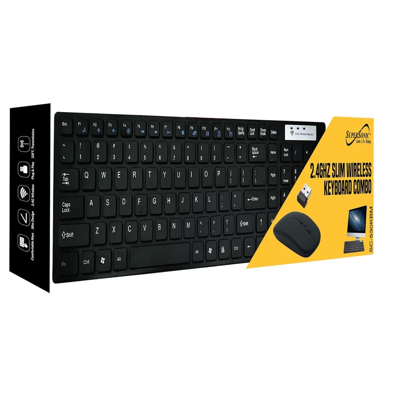 Supersonic SC-530KBM Ultra Thin Wireless Keyboard/Mouse Combo, Comfortable Typing, 15°