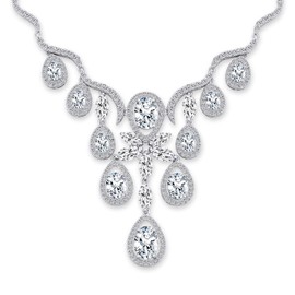 Vintage Style Bridal Prom Holiday Party Large Multi Teardrop Pear Shape Cubic Zirconia AAA CZ V Collar Statement BIB Necklace for Women Silver Plated