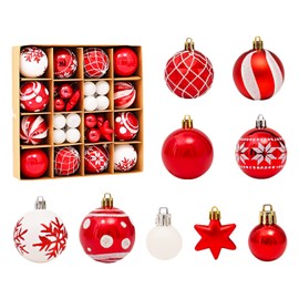 Fyfjur Christmas Baubles Red White Christmas Baubles Set, 44 Pieces Christmas Tree Baubles, Exquisite Plastic Christmas Baubles, Weatherproof Christmas Baubles, Christmas Tree Decoration Set