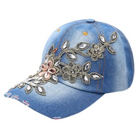 Women Embroidered Baseball Cap Vintage Rhinestone Flower Cap Adjustable Denim Snapback Cap Leisure Distressed Sun Hat, Dark Blue