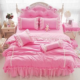 LELVA Shabby Ruffle Duvet Cover Set Full Cotton Chic Wrinkle Girls Bedding Hot Pink 4 Piece Romantic Lace Design Bed Skirt