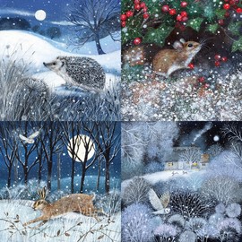 Museums & Galleries Box of 20 Artistic Charity Christmas Cards - 'Snowy Animals' - 5 Cards Each of 4 Illustrative Designs - Festive Hedgehog, Hare, Owl and Mouse, Multicolor, 123 x 123 mm