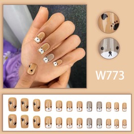 EYZOTSF Press on Nails Square Short Length Acrylic Glossy Full Cover Square Cute French False Nails with Bear Designs Artificial Extra Short Square Shaped Fake Nails Glue ons Fingernails for Women