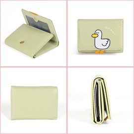 Fire Stone Cute Girls Wallet, Tir-folded Short Wallet with Cash Pocket Card Holder ID Window Purse for Women (Green Duck)