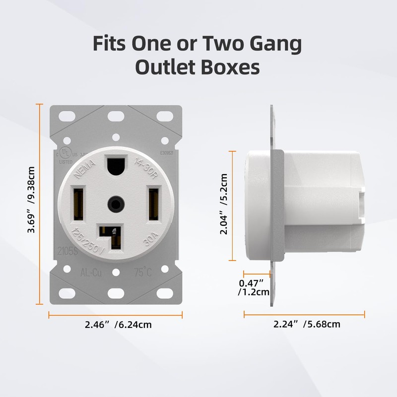 ELEGRP White 30 Amps 125/250V Dryer Outlet, Flush Mounting Power