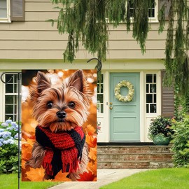 BlissYard Thanksgiving Fall Garden Flag 12x18 Inch Welcome Yorkshire Terrier Dog Outdoor Flag Double Sided Autumn Yard Banner with Red Black Scarf Maple Leaves for Porch Lawn Patio Decoration