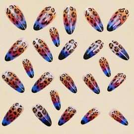 Medium Press on Nails Almond Shaped Fake Nails Blue Orange Gradient Glue on Nails Leopard Print False Nails with Designs French Tip Acrylic Artificial Reusable Nails for Women Girls 24Pcs