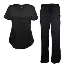 Natural Uniforms Women's Ultra Soft Drop-Neck Uniform Top and Pant Set (Black, X-Large)