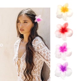 Depoka Hair Claw Clips, 4 Pack 2.8" Shiny Hawaiian Plumeria FLower Claw clips, Hair Clips for Women, Girls, for Thick, Medium, Thin Hair Type, Shiny Colors Set-3