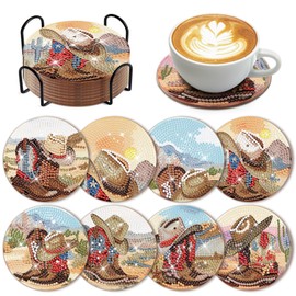 8 Pcs Cowboy Diamond Art Coasters Kit with Holder Western Cowboy Hat Boot Diamond Art Coasters for Adults Diamond Art Kit Supplies for Present