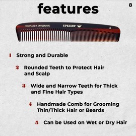 Speert #8 Handmade Wide Narrow Tooth Comb Tortoise Havana Acetate Thick Coarse Curly Thin Fine Straight Hair Detangling Parting Grooming Teasing Styling Hairdresser Barber Hairdressing Wet Dry Pocket