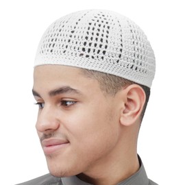 White Kufi Hat Tight & Loose Weave Mix Crocheted Comfortable 100% Cotton Muslim Prayer Cap Kufi Topi Skull Cap (M)