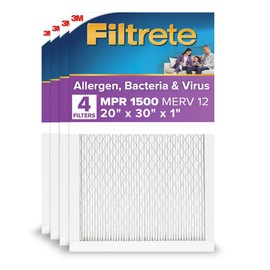 Filtrete 20x30x1 AC Furnace Air Filter, MERV 12, MPR 1500, CERTIFIED asthma & allergy friendly, 3 Month Pleated 1-Inch Electrostatic Air Cleaning Filter, 4-Pack (Actual Size 19.84 x 29.84 x 0.78 in)
