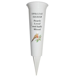 Memorial Grave Flower Pot - 33cm tall Sturdy White Memorial Graveside Flower Vase with Spike and Robin Image (Sister 8774)