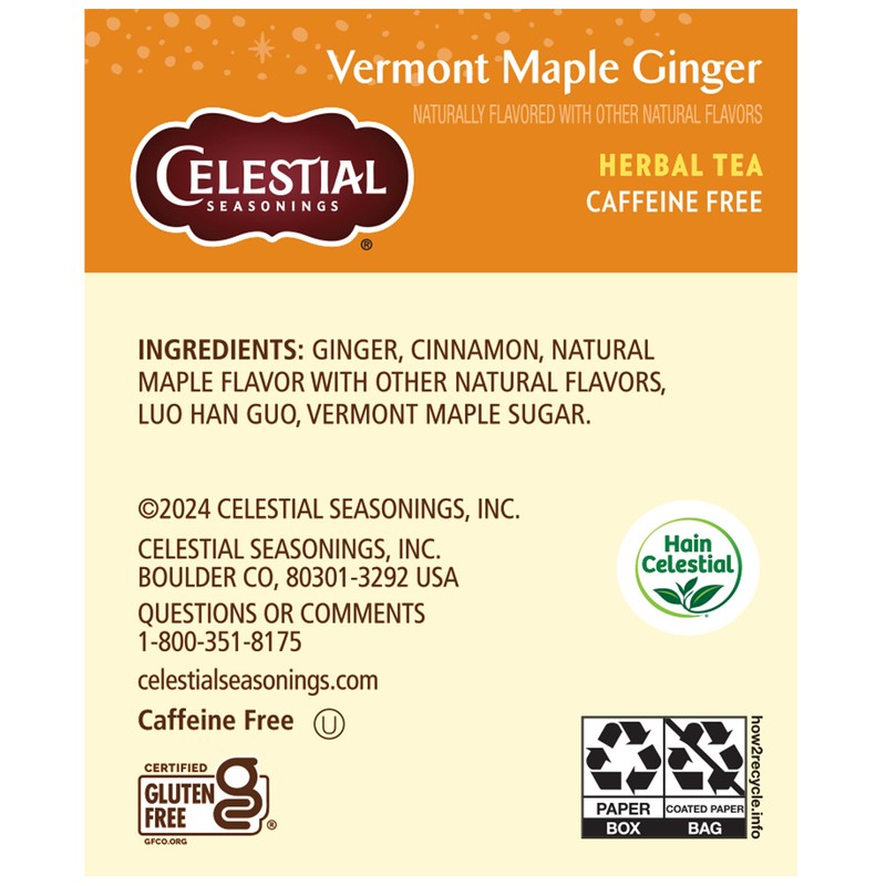 Celestial Seasonings Herbal Tea, Vermont Maple Ginger, Caffeine Free, 20