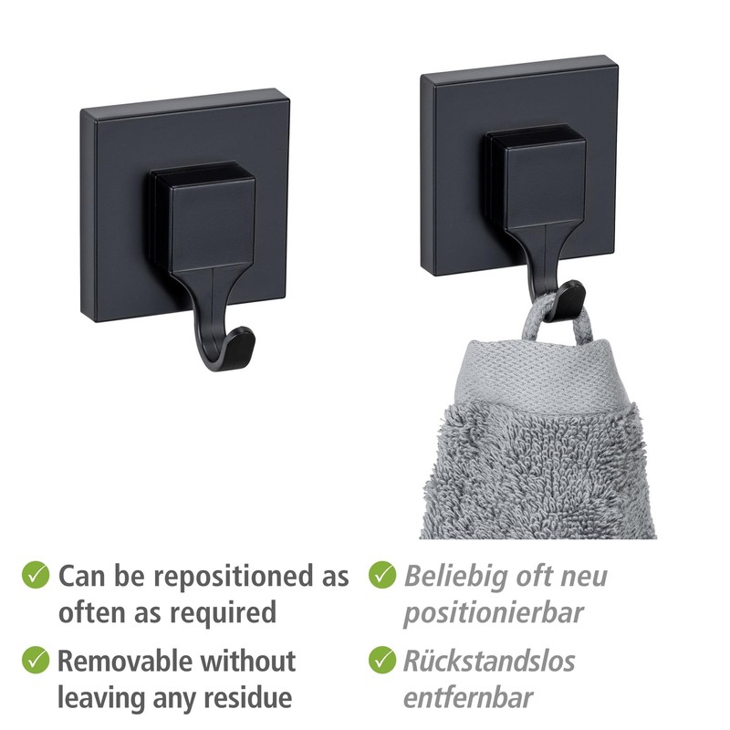 WENKO Vacuum-Loc® Quadro Wall Hooks, Set of 2, Plastic Bathroom