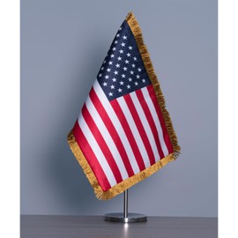SYII American Table Flag with Gold Fringed 7.8x11.8 Inches, 2 Ply Double Sided Heavy Duty US Office Desk Flags with Adjustable Stand from 9.4 to 16.5 Inch and Round Base