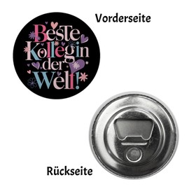 Best Colleague Magnet with Bottle Opener Round World Illustration on Black Background Bright Colours Typography