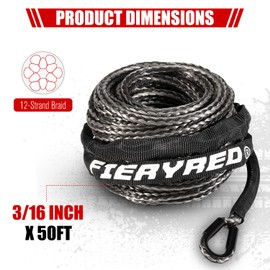 FieryRed - Cable de cuerda de cabrestante de 3/16 pulgadas, 50 pies 8000 libras, cuerda de cabrestante sintética ATV/UTV, reemplazo de línea de cabrestante con funda protectora para cabrestante de