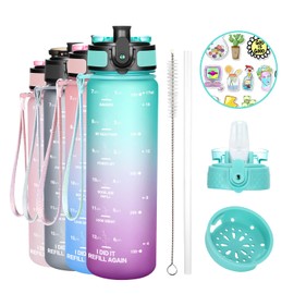 OLDLEY Kids Water Bottle for School, 17 oz (2 lids) BPA-Free Reusable Leak-proof Durable Tritan Plastic Water Bottles with Straw & Chug Lids, Anti-dust Spout Cover (Green-Purple)