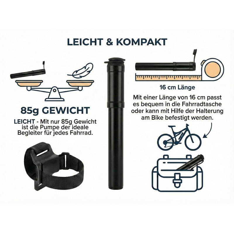 Pompa per bicicletta piccola, 11 bar (160 PSI), peso leggero