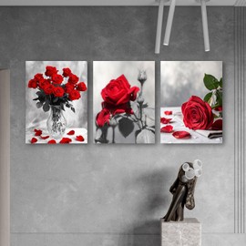 Arjun Rose Wall Art Flower Red Floral Painting Modern Elegant Bloosom Modern Pictures Framed for Living Room Bedroom Bathroom Dinning Room Kitchen Home Office Wall Decor, 12"x16"x3 Panels
