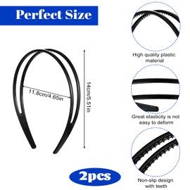 2 Pieces Black Headband, Plastic Flex No Pressure Headbands, Double Row Teeth Comb Headband, Simple Skinny Hair Accessories for Women Girls Daily Dating Decorations